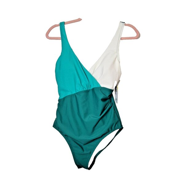 WOMEN’S FRONT WRAP COLORBLOCK ONE PIECE SWIMSUIT SHADE & SHORE TEAL GREEN S - Picture 4 of 7